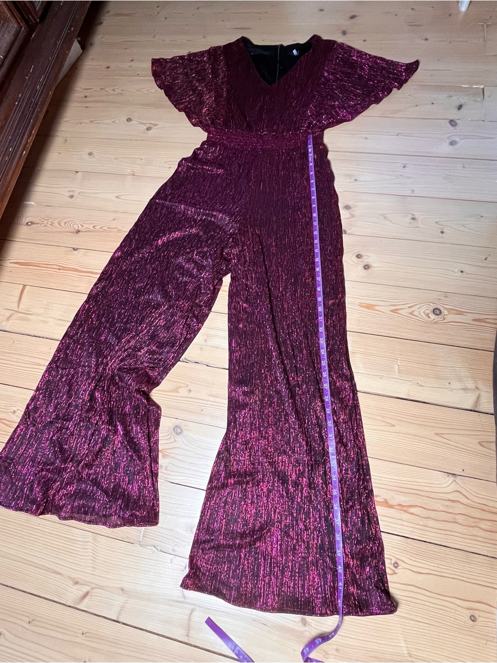 1.STATE Metallic Wine Burgundy Wide Leg Jumpsuit Flutter Sleeve - Picture 5 of 6